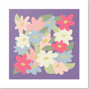 Cute spring wildflowers pink white and blue simple flowers design Posters and Art